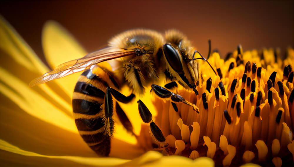  Honey bee gathering nectar from a sunflower, representing the mention of honey in the Quran.