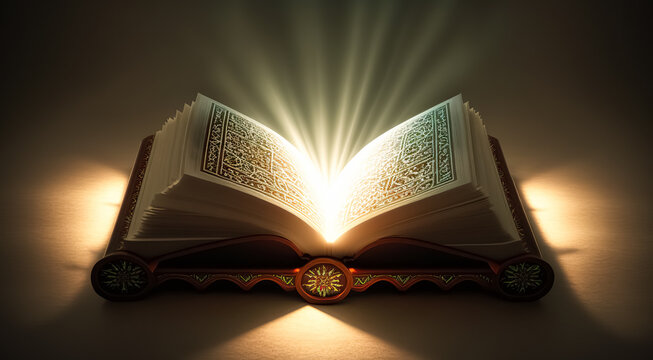 The Quran with rays of light emerging from it, symbolizing healing. The divine concept of 'shifa' (healing) in the Quran is depicted through the illuminating light."